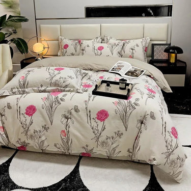 Pink Rose Flowers Premium Family Duvet Cover Set, 100%Cotton Brushed Bedding Set